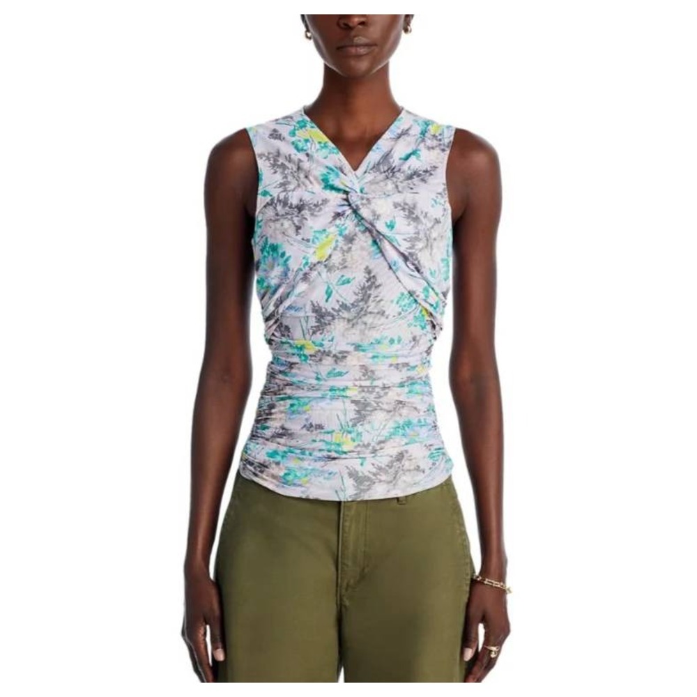 Cinq a Sept Women Floral Mesh Ruched Twist Front V-Neck Sleeveless Top Small